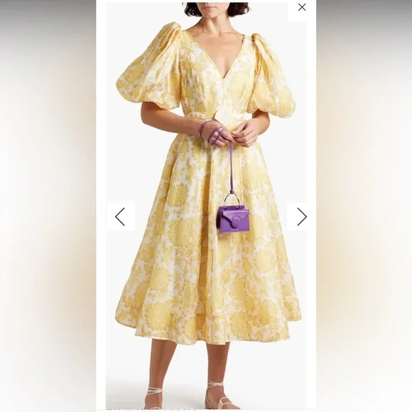 Midi Dress Zimmermann Yellow Floral Dress Puff Sleeve Dress Zimmermann  Postcard Zimmermann Yellow Floral Dress Zimmermann